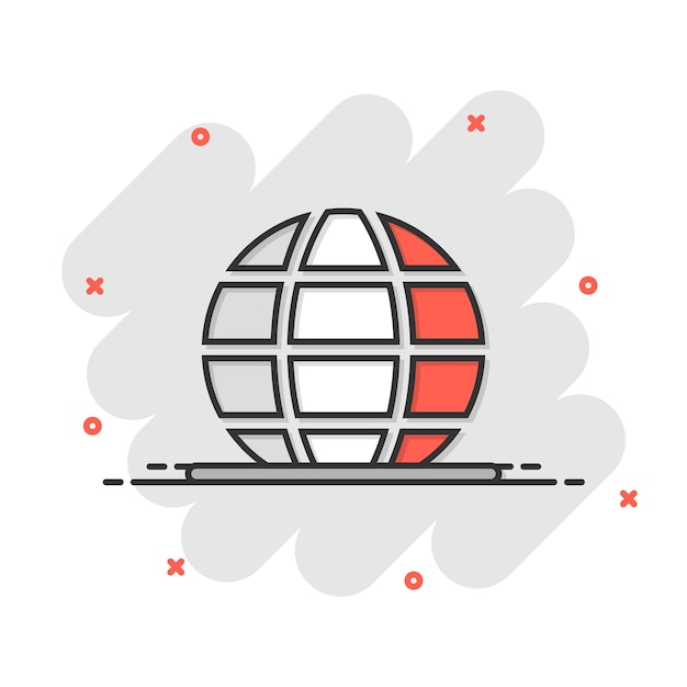 Icono de planeta tierra en estilo cómic Ilustración de vector de dibujos animados geográficos de globo sobre fondo blanco aislado Concepto de negocio de efecto de salpicadura de comunicación global