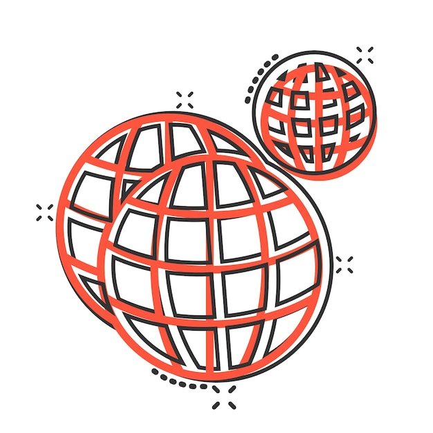 Icono de planeta tierra en estilo cómic Ilustración de vector de dibujos animados geográficos de globo sobre fondo blanco aislado Concepto de negocio de efecto de salpicadura de comunicación global