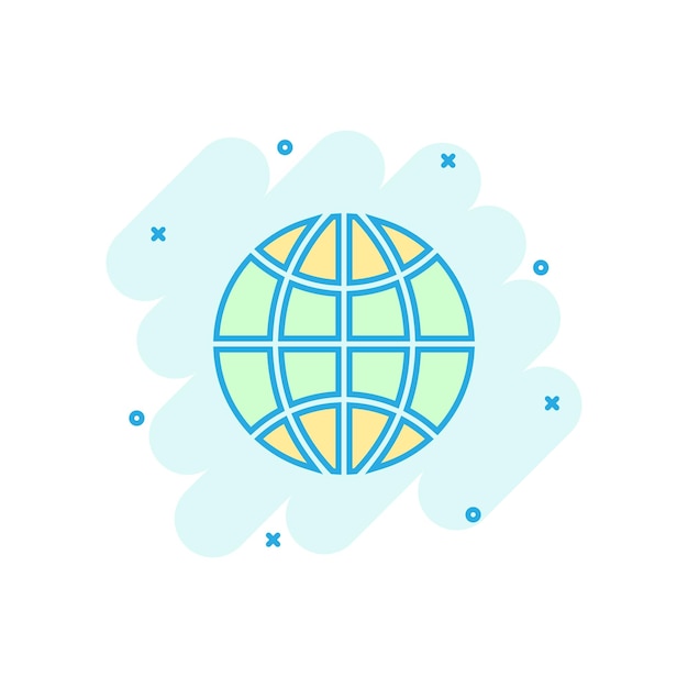 Icono de planeta tierra en estilo cómico Globo geográfico vector dibujos animados ilustración pictograma Comunicación global concepto de negocio efecto de salpicadura