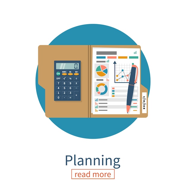 icono Planificación Gestión empresarial Análisis de datos Informe anual Carpeta con gráficos y diagramas