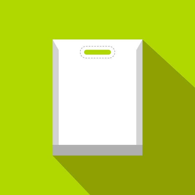 Icono plano de bolsa de plástico blanca en blanco sobre un fondo verde