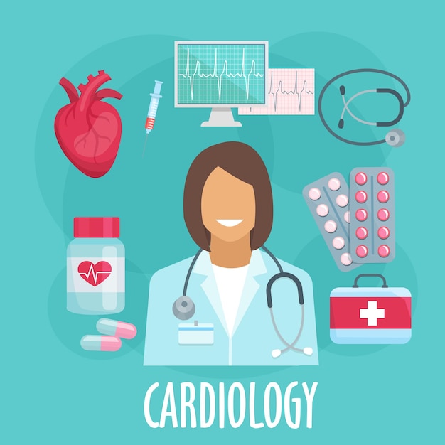 Icono plano de cardiología con médico y medicamentos