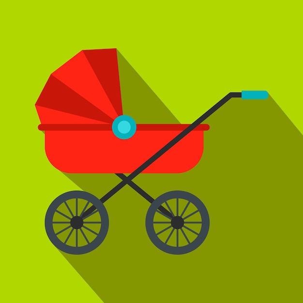 Icono plano de carro de bebé rojo sobre un fondo verde