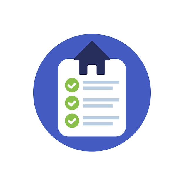Icono plano casa y lista de verificación en blanco