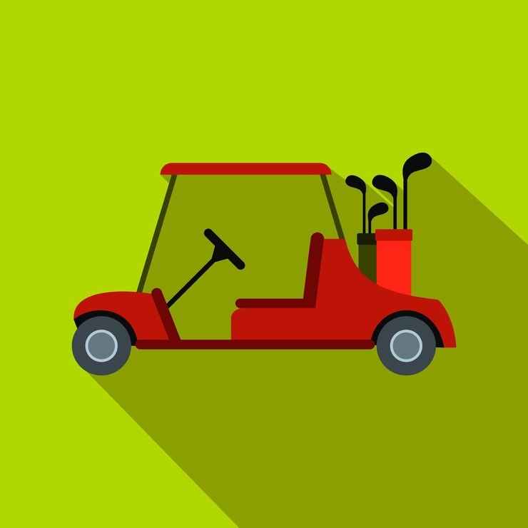 Vector icono plano del coche de golf rojo sobre un fondo verde