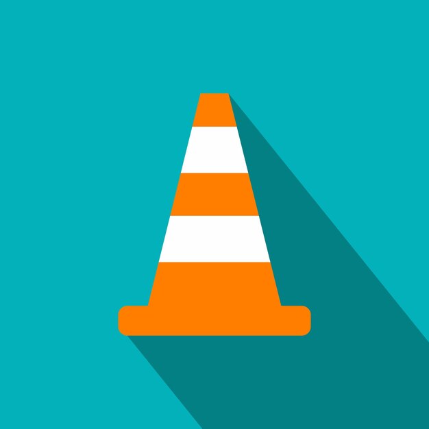 Icono plano de cono con una larga sombra Icono de cono sobre un fondo azul