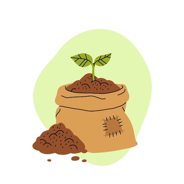 Vector icono plano de dibujos animados del tema del compost orgánico bolsa de herramientas de jardín de compost basura de alimentos en tierra