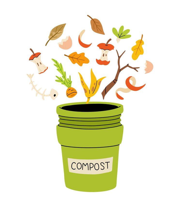 Vector icono plano de dibujos animados del tema del compost orgánico bolsa de herramientas de jardín de compost basura de alimentos en tierra