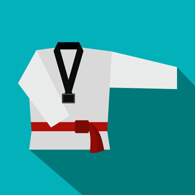 Vector icono plano de kimono y cinturón rojo de artes marciales sobre un fondo azul