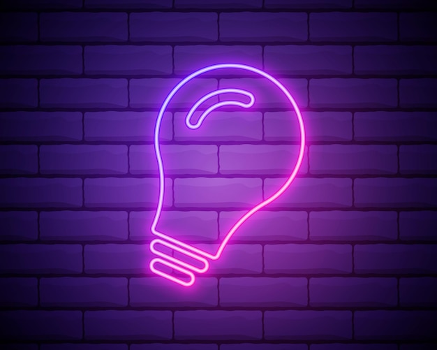 Icono plano de lámpara led de neón Ilustración de lámpara ecológica moderna o idea fresca en la noche Aislado en arte de línea de fondo de pared de ladrillo