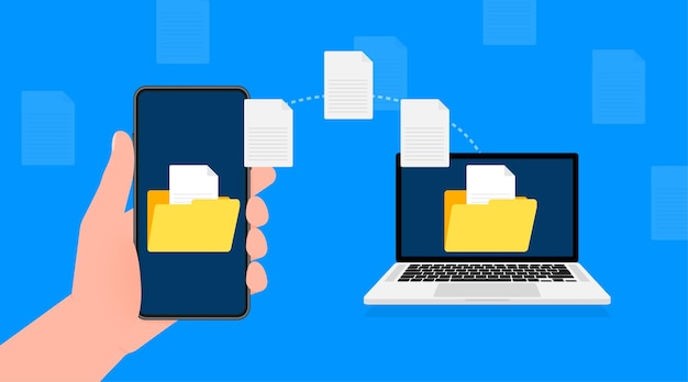 Icono de plano moderno con transferencia de archivos sobre fondo azul