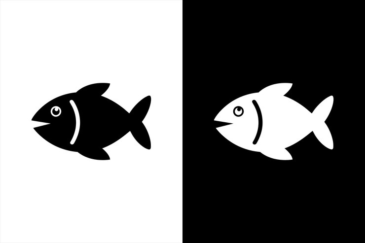 Icono plano de pescado o mariscos para aplicaciones y sitios web de alimentos Vector de icono de pescado aislado en blanco y negro