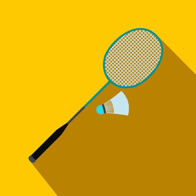 Icono plano de raqueta de bádminton y volante sobre un fondo amarillo