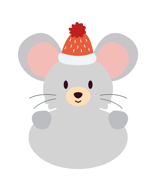 Vector icono plano de ratón pequeño animal de invierno con sombrero