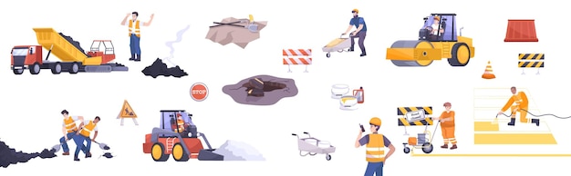 Icono plano de reparación de carreteras establece trabajadores en máquinas de uniformes especiales y barreras para la ilustración de vector de trabajo