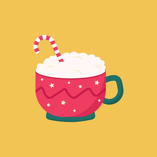 Icono plano taza de chocolate caliente con bastón de caramelo de Navidad