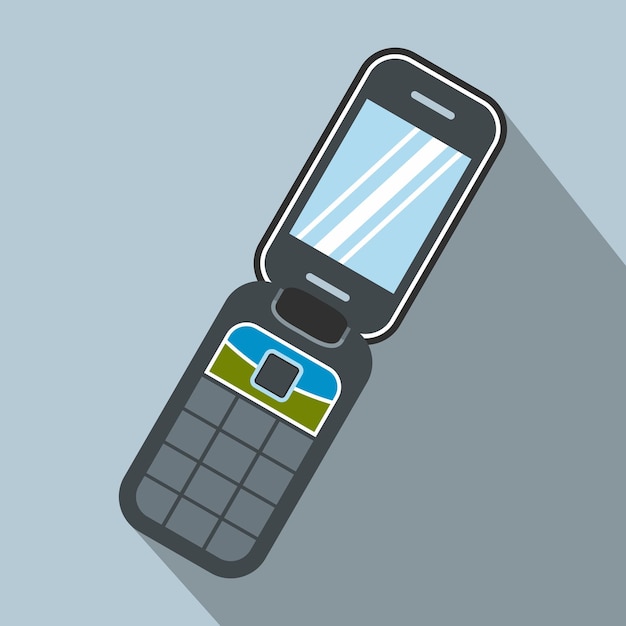 Icono plano del teléfono tipo clamshell sobre un fondo azul