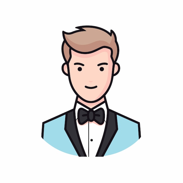 Icono plano vectorial de un hombre elegante con esmoquin y pajarita