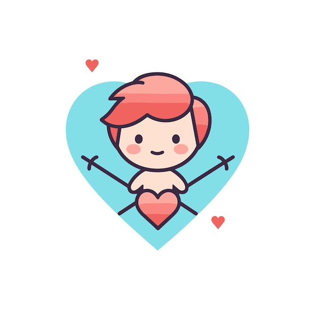 Icono plano vectorial de un niño sonriente con un símbolo de corazón en el pecho