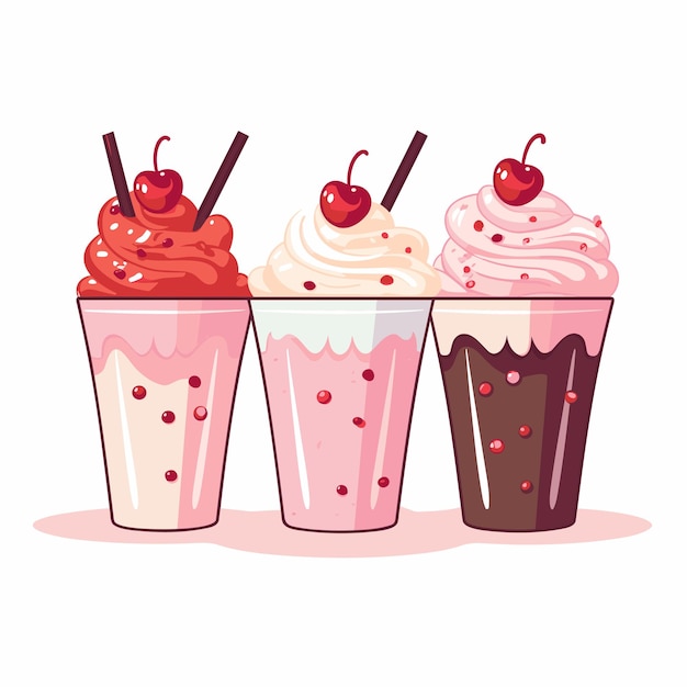 Icono plano vectorial tres tazas de helado de colores con diferentes sabores