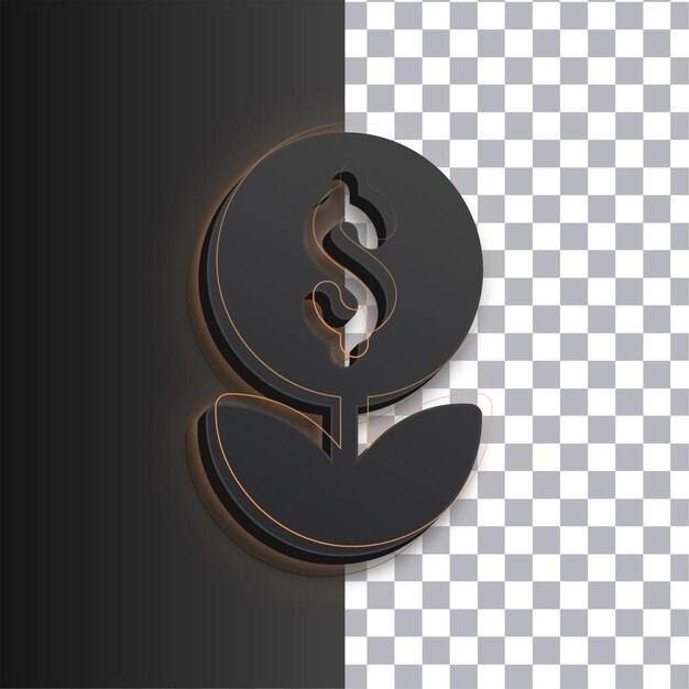 Icono de planta de dólar oscuro personalizable con líneas de brillo dorado en un fondo transparente