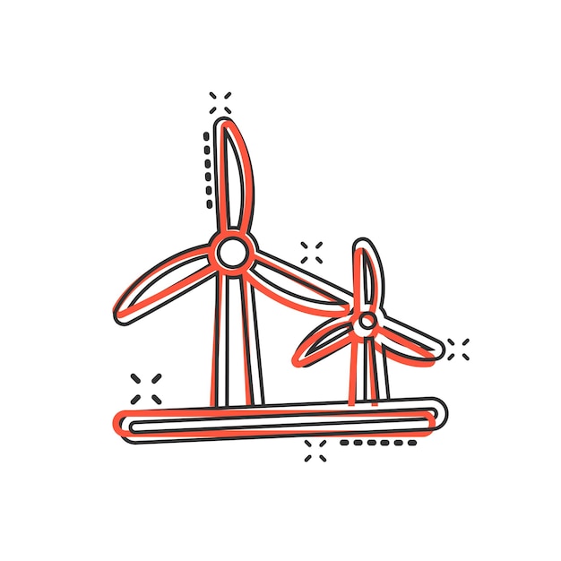 Icono de planta de energía eólica en estilo cómic ilustración de vector de dibujos animados de turbina sobre fondo blanco aislado concepto de negocio de signo de efecto de salpicadura de energía de aire