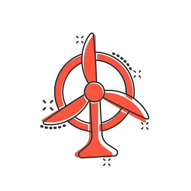 Icono de planta de energía eólica en estilo cómic Ilustración de vector de dibujos animados de turbina sobre fondo blanco aislado Concepto de negocio de signo de efecto de salpicadura de energía de aire