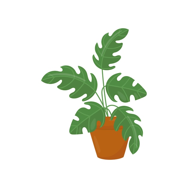 Icono de planta de interior con hojas verdes anchas Planta decorativa en maceta de cerámica marrón Elemento de vector plano natural para el interior del hogar