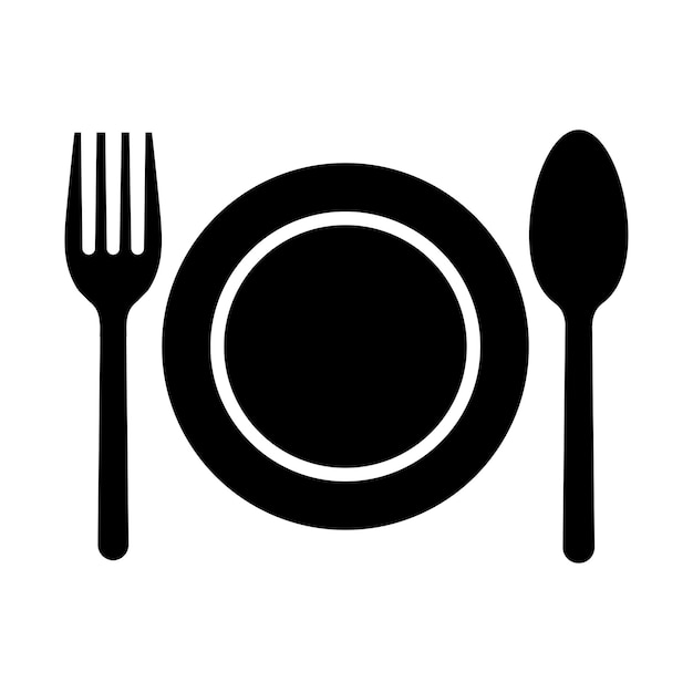 Ícono de plato, tenedor y cuchara Símbolo de cubiertos Ilustración de vector plano