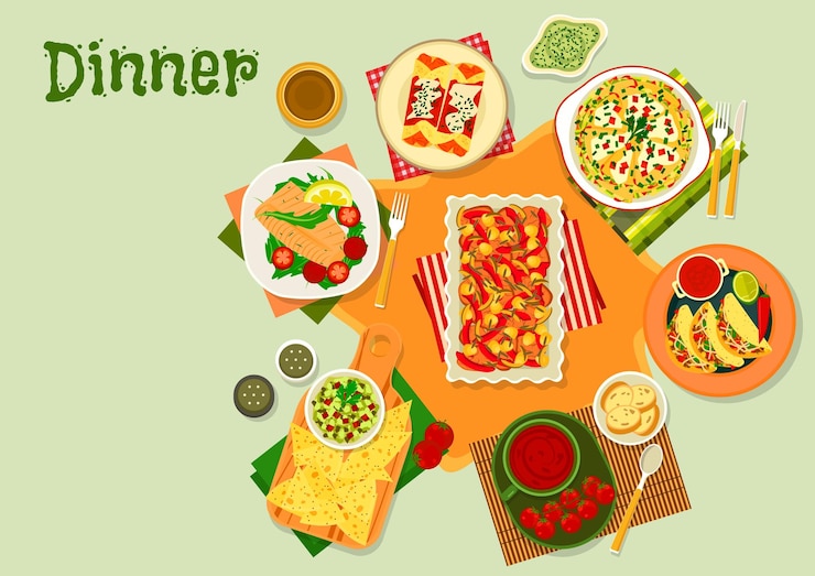 Vector icono de platos de cena de cocina mexicana para el diseño del menú