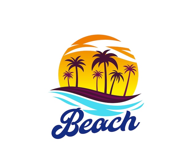 Icono de playa con olas de mar o océano y palmeras