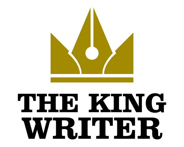 Icono de pluma y diseño de logo de corona rey