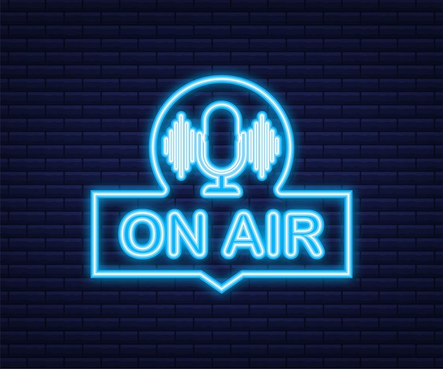 Icono de podcast como al aire en vivo. Pódcast. Insignia, icono, sello, logo. Transmisión o transmisión de radio. Icono de neón. Ilustración de stock vectorial.