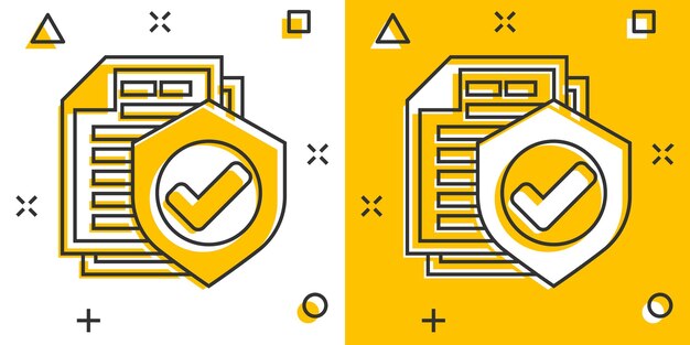 Icono de póliza de seguro en estilo cómico Ilustración de dibujos animados vectoriales de informe en fondo blanco aislado Efecto de salpicadura del concepto de negocio del documento