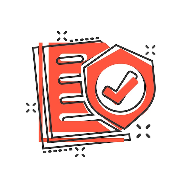 Icono de póliza de seguro en estilo cómico Ilustración de dibujos animados vectoriales de informe en fondo blanco aislado Efecto de salpicadura del concepto de negocio del documento