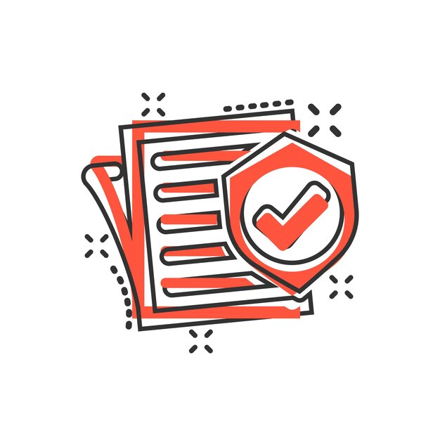 Icono de póliza de seguro en estilo cómico Ilustración de dibujos animados vectoriales de informe en fondo blanco aislado Efecto de salpicadura del concepto de negocio del documento