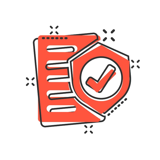 Icono de póliza de seguro en estilo cómico Ilustración de dibujos animados vectoriales de informe en fondo blanco aislado Efecto de salpicadura del concepto de negocio del documento