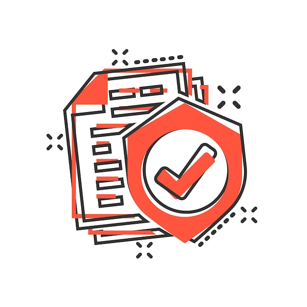 Icono de póliza de seguro en estilo cómico Ilustración de dibujos animados vectoriales de informe en fondo blanco aislado Efecto de salpicadura del concepto de negocio del documento