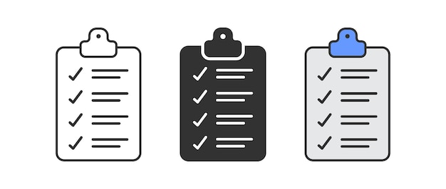 Icono del portapapeles Símbolo de lista de comprobación Señales de prueba de documentos Trabajo completo en los símbolos del tablero Iconos de clip de oficina Color plano negro Signo aislado vectorial