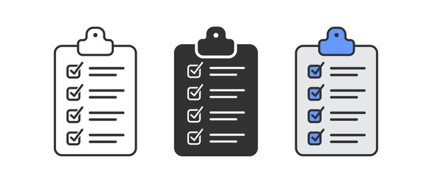 Icono del portapapeles Símbolo de lista de verificación Signos de prueba de documentos Trabajo completo en los símbolos del tablero Iconos de clip de oficina Color plano negro Signo vectorial