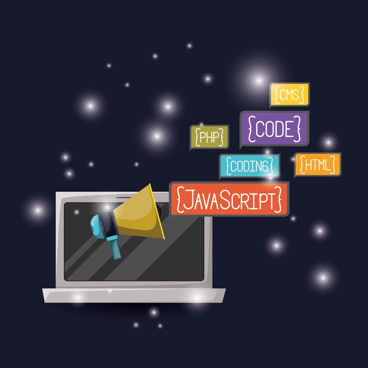 Vector icono de portátil y megáfono con código de lenguaje de programación web