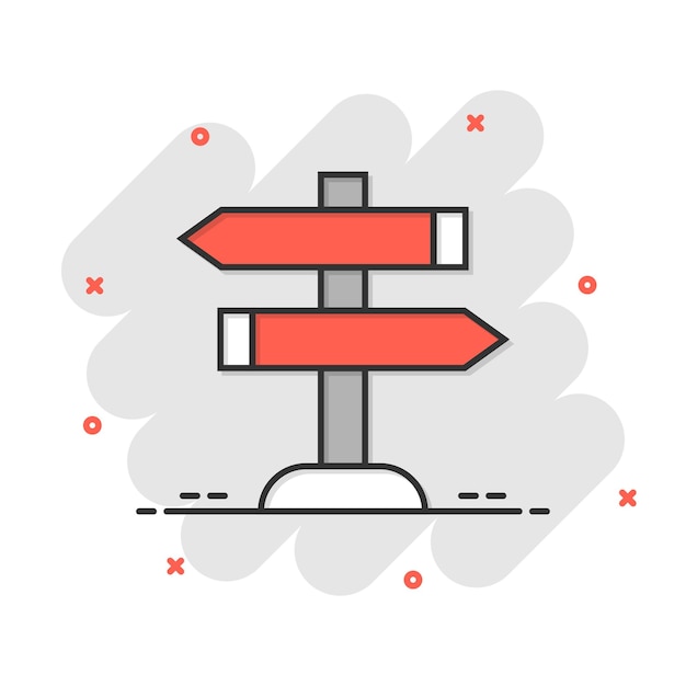 Icono de poste indicador de cruce en estilo cómic ilustración de vector de dibujos animados de dirección de carretera sobre fondo blanco aislado concepto de negocio de efecto de salpicadura de señal de carretera