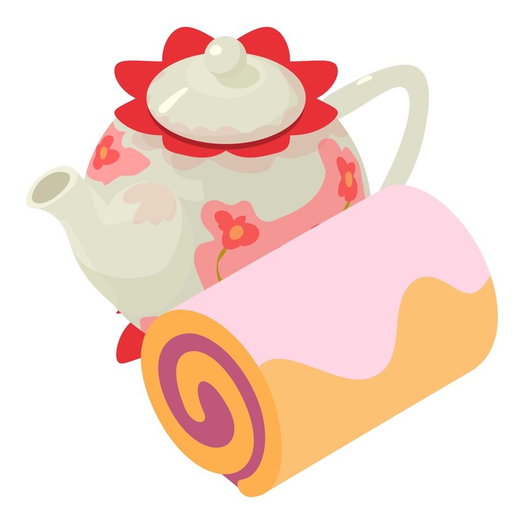 Vector icono de postre navideño vector isométrico tetera de porcelana y rollo de galleta de frutas postre y bebida de té