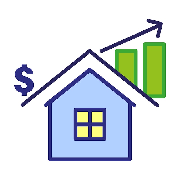 Ícono de precio de la casa Valor inmobiliario Símbolo de aumento financiero Gráfico de propiedad vectorial