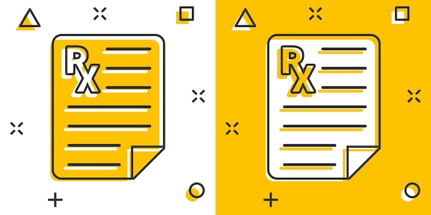 Icono de prescripción en estilo cómic Ilustración de vector de dibujos animados de documento Rx sobre fondo blanco aislado Concepto de negocio de efecto de salpicadura de papel