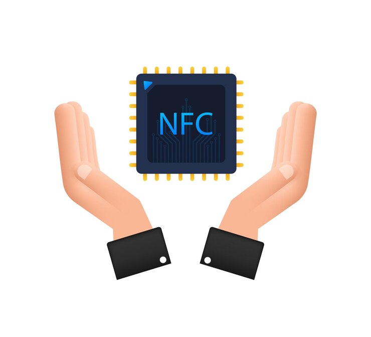 Vector icono del procesador nfc con las manos. chip nfc. cerca de un campo de comunicación. ilustración de stock vectorial.