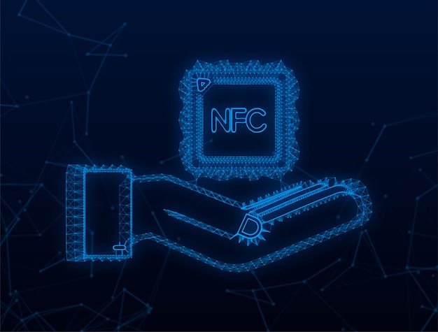 Icono del procesador plexus nfc con las manos. microprocesador nfc. cerca de un campo de comunicación. ilustración de stock vectorial