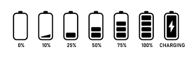 El icono del proceso de carga de la batería se establece con un porcentaje de 0 a 100 en la ilustración vectorial de color negro