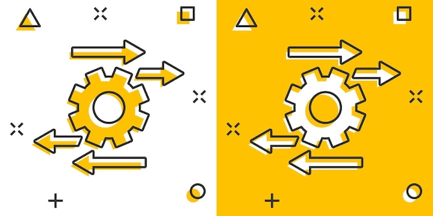 Icono de proceso en estilo cómic ilustración de vector de dibujos animados de flecha y engranaje sobre fondo blanco aislado concepto de negocio de efecto de salpicadura de optimización