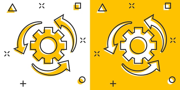 Icono de proceso de flujo de trabajo en estilo cómic Rueda dentada con flechas vector ilustración de dibujos animados pictograma Efecto de salpicadura de concepto de negocio de flujo de trabajo